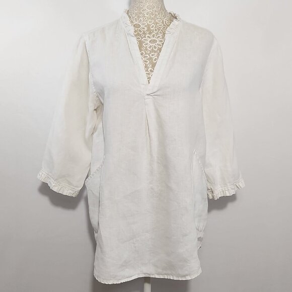 Cynthia Rowley Women's Size M White Linen 3/4 Sleeve Ruffle V-Neck Pockets Top - Picture 1 of 15